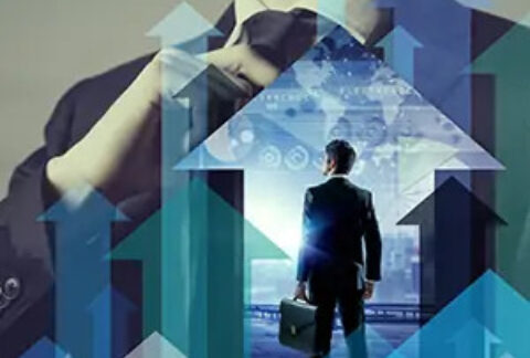 Businessman adjusting tie overlayed with arrows pointing upwards and another businessman holding a briefcase