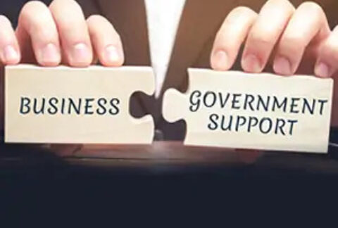 Hands holding two jigsaw pieces separated but close together - one reads 'business' and the other 'government support'