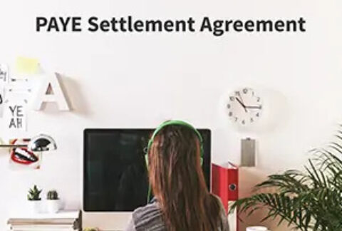 Woman wearing headphones sat in front of desktop with 'PAYE settlement agreement' text above