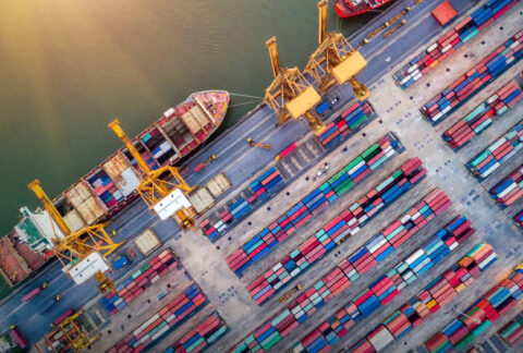 Cargo ship in port from above