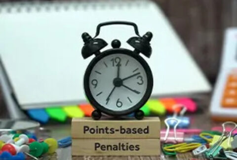 Alarm clock sitting on two wooden blocks which display the words 'Points-based Penalties'