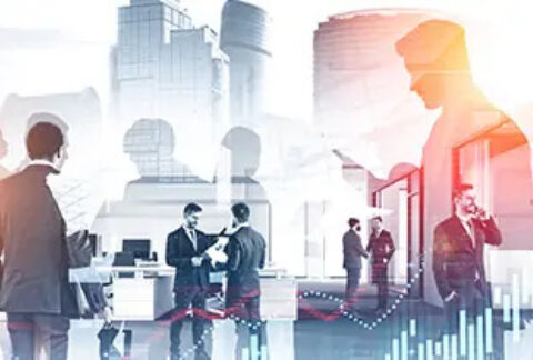 Montage of business people and skyscrapers