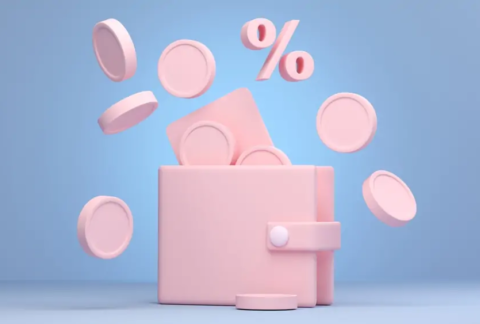Cartoon of wallet with bank card and coins floating out of it and a percentage symbol just above