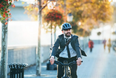 Businessman commuting on bicycle