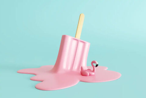Cartoon of a half-melted ice lolly upside down on the ground with a flamingo sitting the melted pool