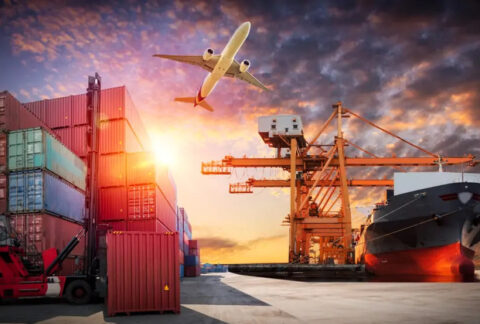 Montage of a commercial plane, cargo ship and containers at a port