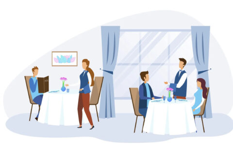 Cartoon of restaurant with two tables and waiting staff taking orders