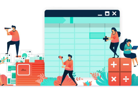 Cartoon of miniature businesswomen in front of spreadsheet tab surrounded by charts, graphs and calculator symbols