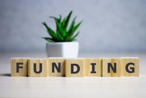 Wooden blocks with letters printed on lined up to spell 'funding' in front of a plant pot