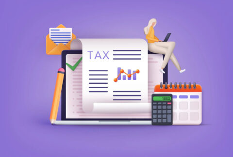 Cartoon of tax document in front of laptop surrounded by a pencil, calculator, calendar and open envelope with letter inside, and a woman using a laptop sitting on top of the larger laptop