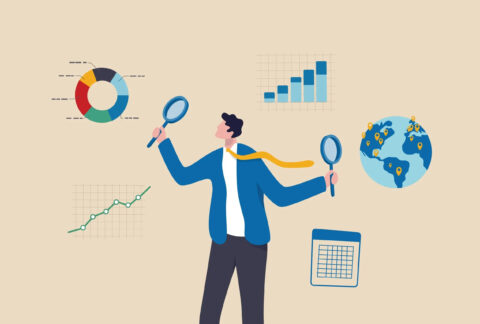Cartoon of businessman holding up two magnifying glasses surrounded by graphs and charts