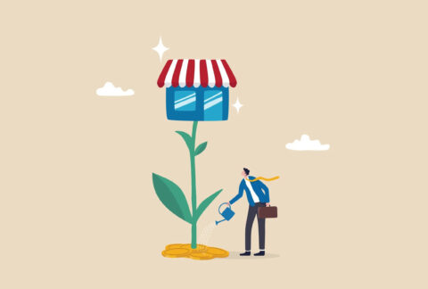 Cartoon of a miniature businessman watering a plant with coins for soil and a shopfront at the top of the stem