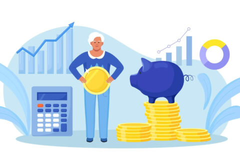 Cartoon of miniature elderly person holding coin standing next to three stacks of coins with a piggybank on top and a calculator, with graphs and charts in background