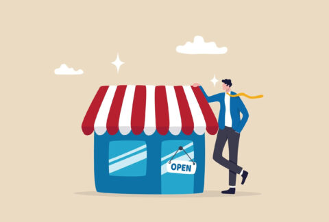 Cartoon of a businessman resting hand on roof of miniature shopfront