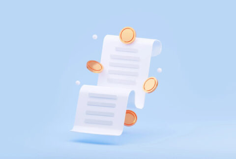 Cartoon of a floating receipt with coins around it