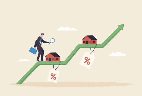 Cartoon of businessman holding briefcase and magnifying glass and climbing up ascending green arrow with two properties with percentage symbol tags on them sitting at points on the arrow