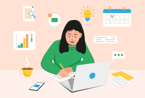Cartoon of businesswoman sitting at desk writing in notebook in front of open laptop, surrounded by technology and chart graphics