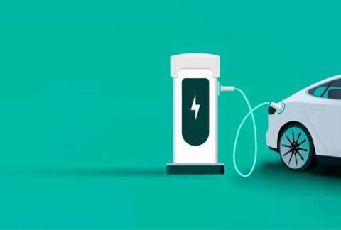 Cartoon of an electric car charging point plugged into an electric car partially off screen