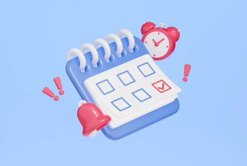 Cartoon of a calendar surrounded by an alarm clock, alert bell and exclamation marks