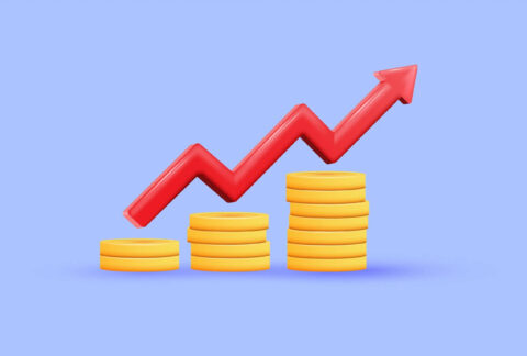 Cartoon of increasingly tall stacks of coins with upwards arrow above