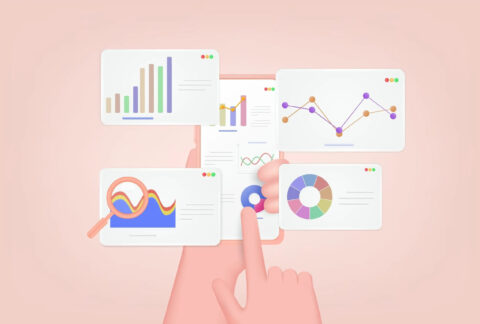 Cartoon of hands holding a smartphone displaying could accounting charts with four laptop screens floating around phone