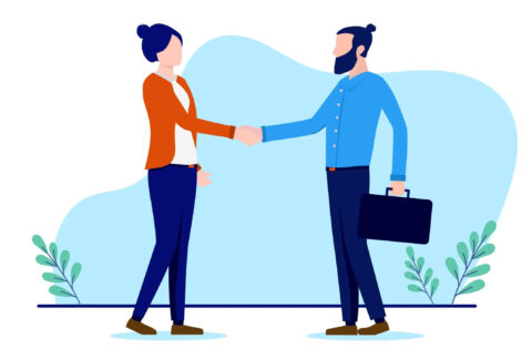 Cartoon of two businesspeople standing shaking hands