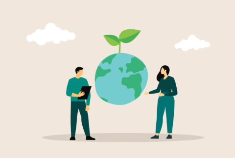 Cartoon of two people standing on either side of a floating globe with a sprout growing out of the top