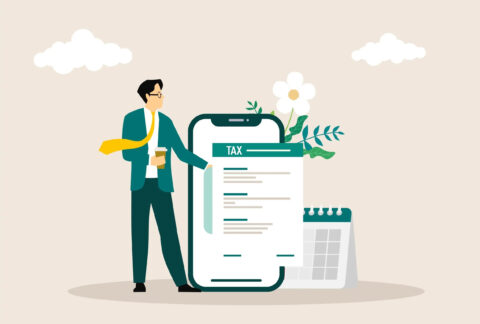 Cartoon of miniature businessman standing next to smartphone with tax document coming out of screen and calendar behind