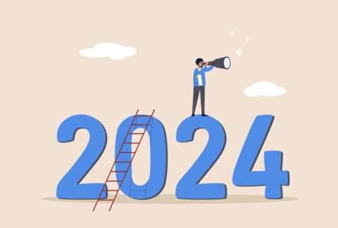 Cartoon of '2024' with a ladder propped against the zero and a businessman standing on top of the second two looking through a telescope to the right