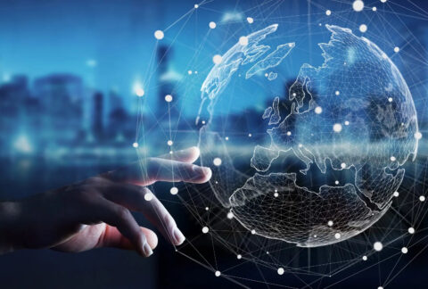 Hand touching image of global network